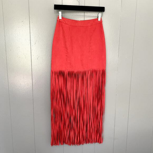 H&M Dresses & Skirts - H&M x Coachella Red Faux Suede Fringe Fitted Boho Festival Maxi Skirt 2